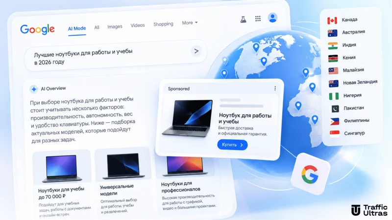 Google AI Mode — рекламные объявления в ИИ-поиске, пример Sponsored-рекламы и расширение показов на 10 новых стран.