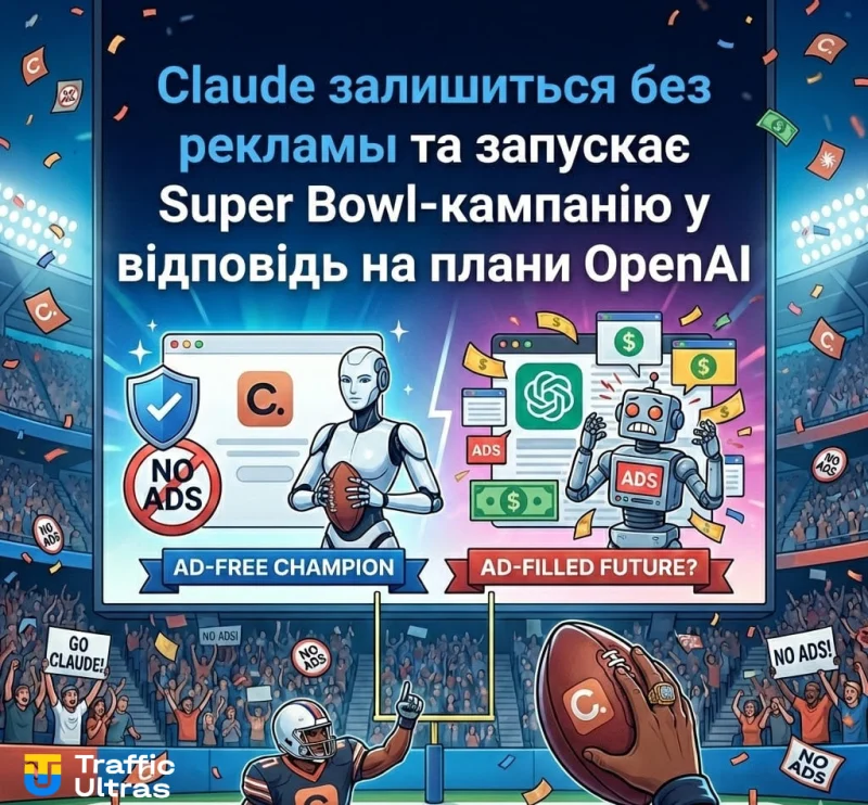  Рекламний банер Claude на Super Bowl 60, що підкреслює відсутність реклами в AI‑асистенті