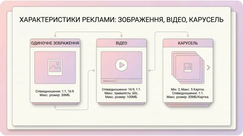 Специфікації рекламних форматів Threads: статика, відео, карусель.