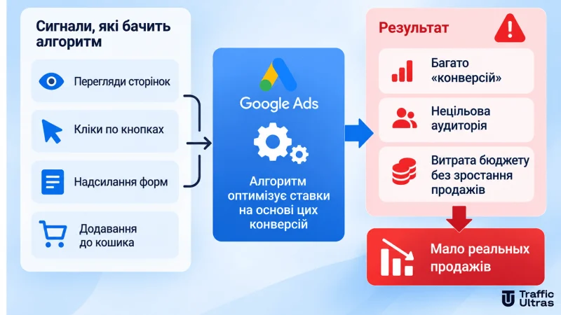 Неправильна оптимізація Google Ads за проміжними діями замість реальних продажів і прибутку.