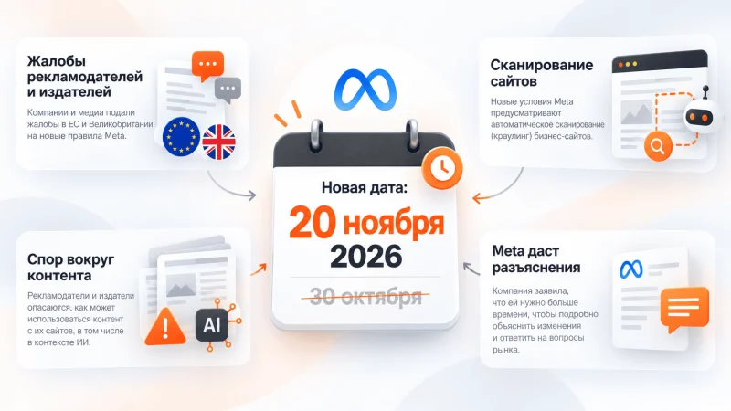 Meta перенесла новые рекламные правила на 20 ноября 2026 года после жалоб рекламодателей и издателей в ЕС и Великобритании из-за сканирования сайтов и использования контента.