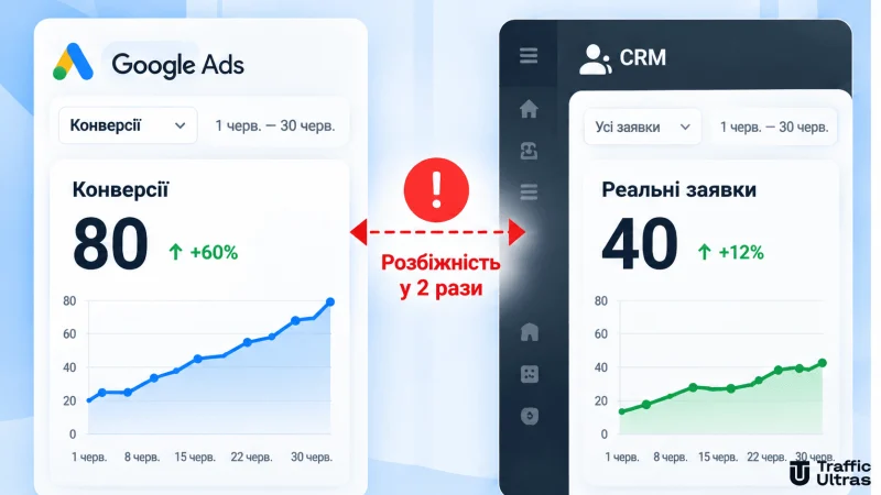 Розбіжність між 80 конверсіями в Google Ads і 40 реальними заявками в CRM.