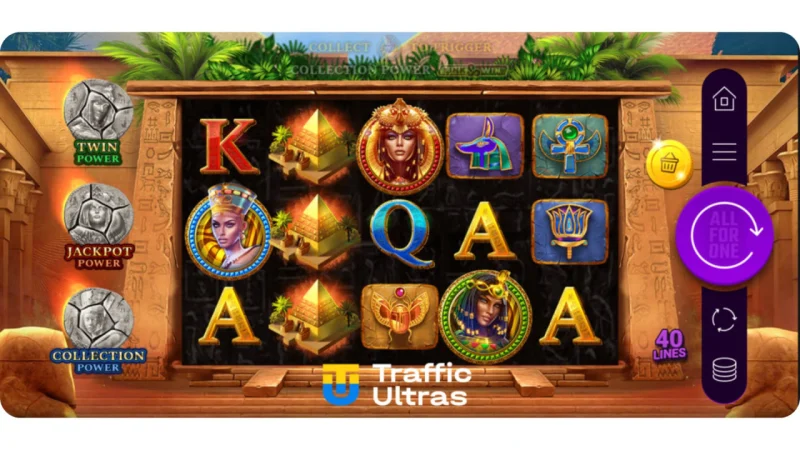 Інтерфейс та механіка збору символів у слоті Queen's of Ra: Rising Coin Collect.