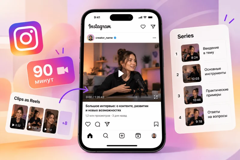 nstagram тестирует видео до 90 минут: новые форматы Features, Clips as Reels для коротких фрагментов и Series для объединения роликов в тематические серии.