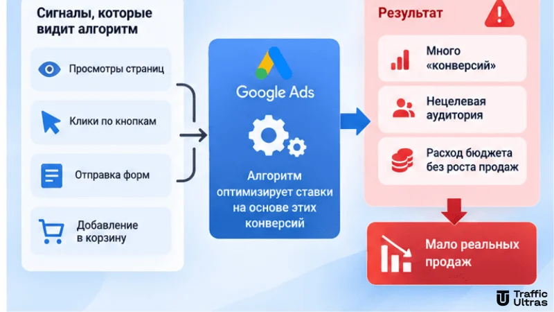 Неправильная оптимизация Google Ads по промежуточным действиям вместо реальных продаж и прибыли.