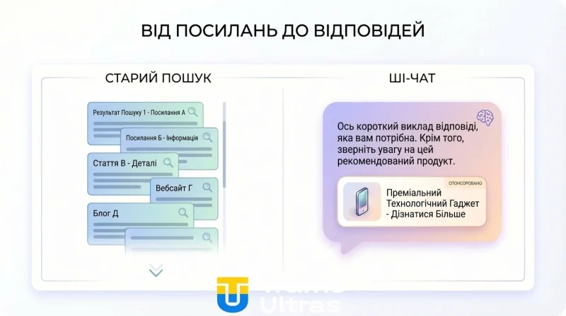 Порівняння класичного пошуку та AI Overviews з рекламою.