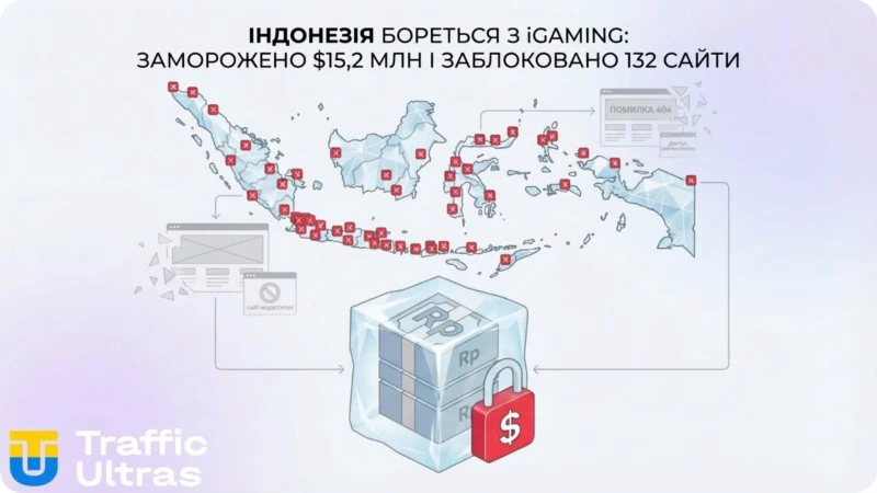 Інфографіка Traffic Ultras: блокування 132 гральних сайтів та заморозка $15 млн в Індонезії.