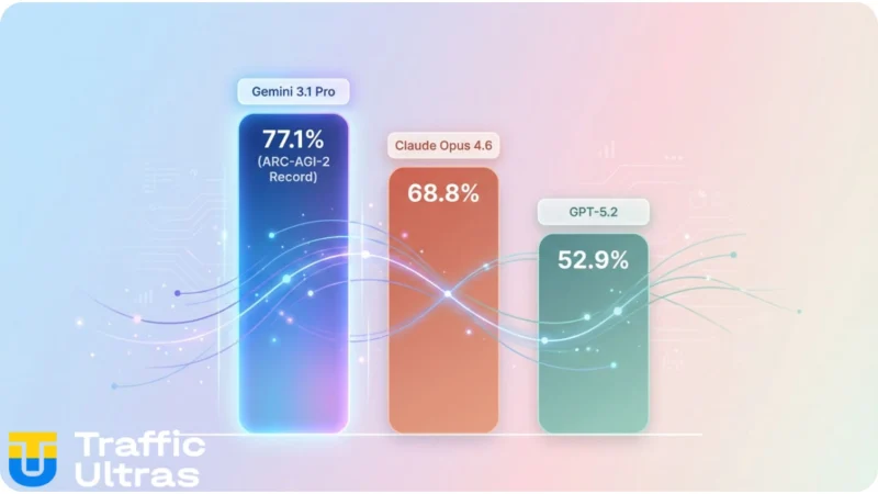 Інфографіка порівняння результатів тесту ARC-AGI-2: Gemini 3.1 Pro (77.1%) значно випереджає Claude Opus 4.6 та GPT-5.2.