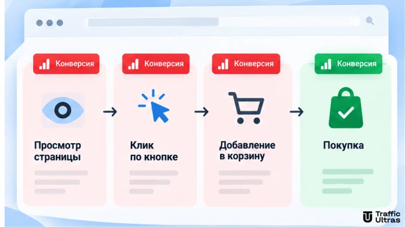 Воронка действий пользователя от просмотра страницы до покупки с промежуточными конверсиями Google Ads.