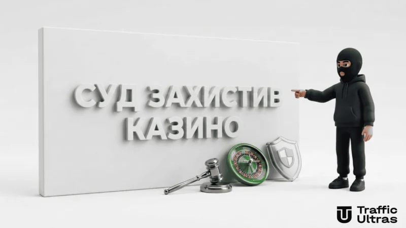 3D-маскот Traffic Ultras на білому тлі вказує на стіну з написом Суд захистив казино