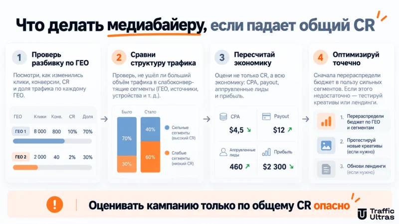 Четыре этапа анализа падения CR: проверка статистики по ГЕО, сравнение структуры трафика, оценка экономики и оптимизация кампании.
