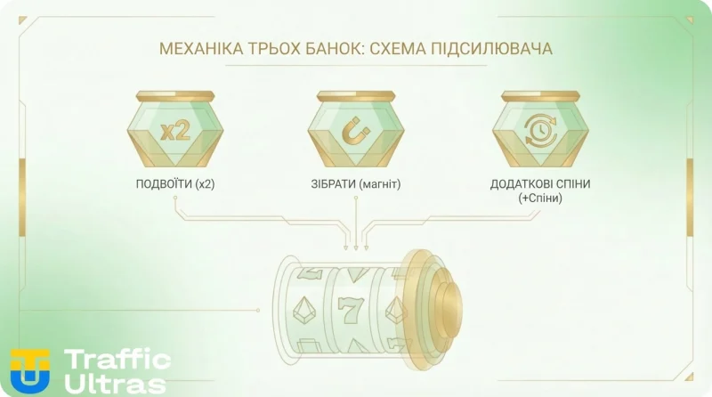 Схема механіки Three Pots: бустери Double, Collect, Extra Spins у слоті Evoplay.