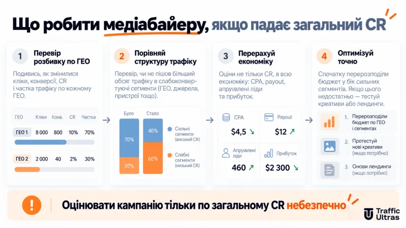 Чотири етапи аналізу падіння CR: перевірка статистики за ГЕО, порівняння структури трафіку, оцінка економіки та оптимізація кампанії.
