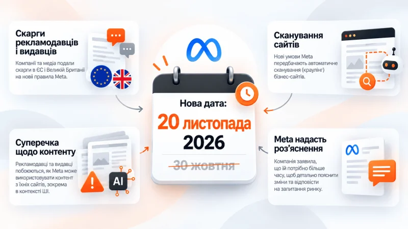 Meta перенесла нові рекламні правила на 20 листопада 2026 року після скарг рекламодавців і видавців у ЄС та Великій Британії через сканування сайтів і використання контенту.
