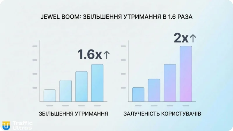 Інфографіка метрик Jewel Boom Super Drop: Retention та активність гравців.