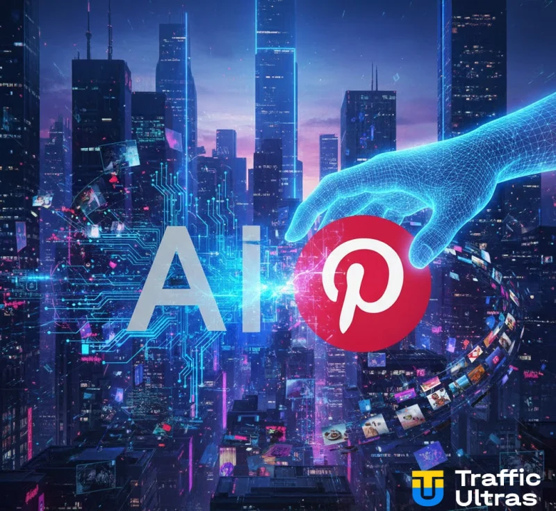  Логотипи OpenAI та Pinterest на фоні цифрового контенту та іконок соціальних мереж