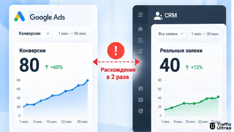 Расхождение между 80 конверсиями в Google Ads и 40 реальными заявками в CRM.