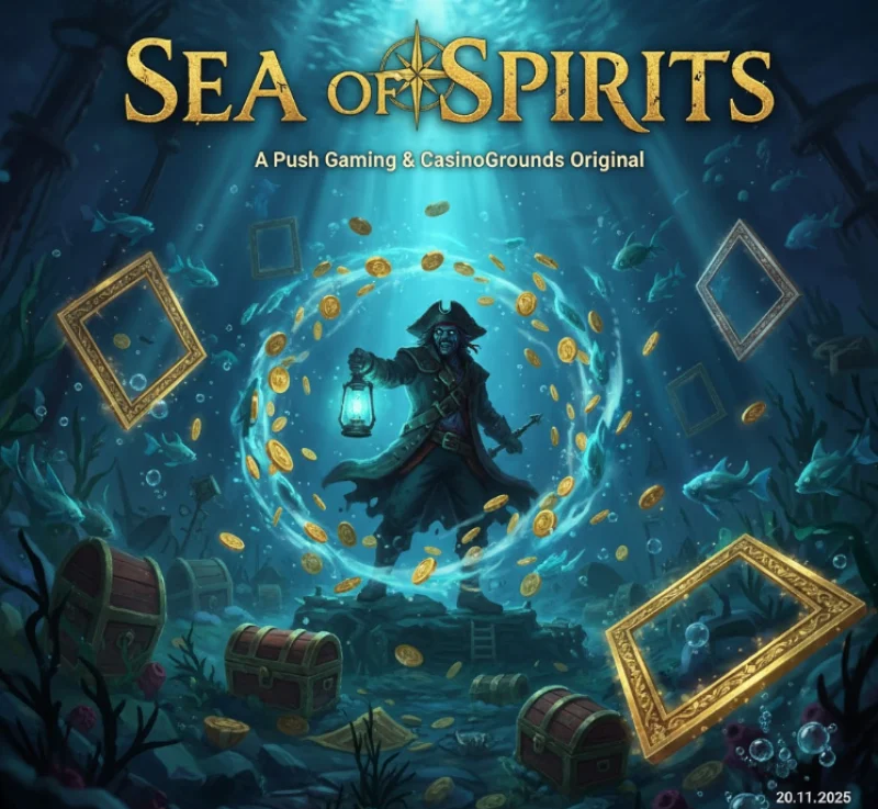 Ілюстрація слоту Sea of Spirits від Push Gaming та CasinoGrounds — підводний світ із привидними капітанами, скринями зі скарбами та бонусними елементами