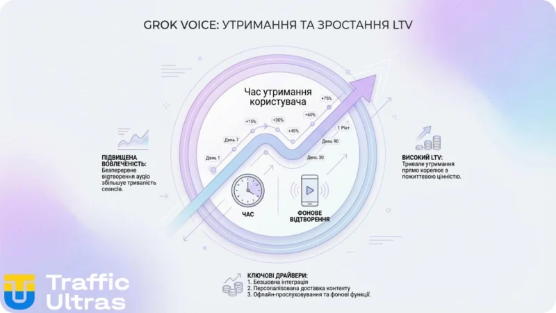 Інфографіка зростання LTV та часу сесії в X через аудіо-контент.