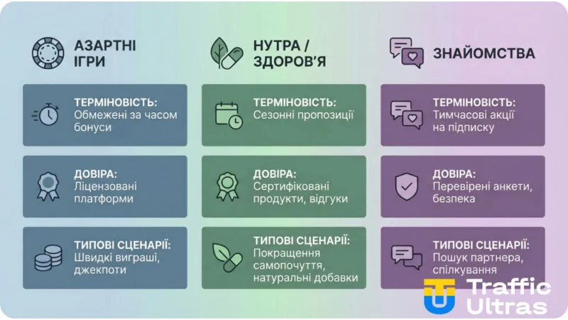 Різні тригери креативу в гемблінгу, нутрі та дейтингу