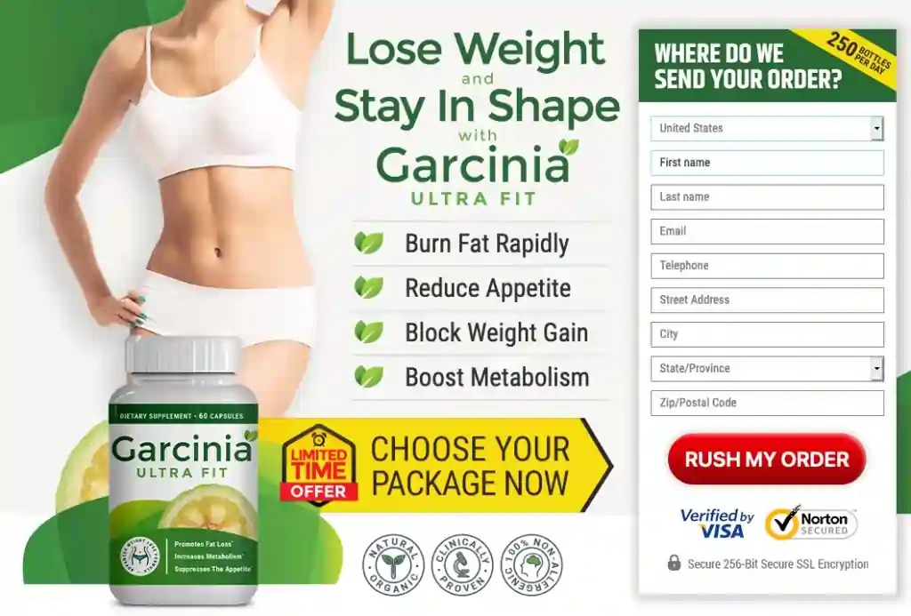 Рекламний банер добавки Garcinia Ultra Fit з обіцянкою схуднення та підтримки форми: "Lose Weight and Stay In Shape", переваги - швидке спалювання жиру, зниження апетиту, блокування набору ваги та прискорення метаболізму; ліворуч зображення жінки в спортивному одязі і банки капсул, справа форма замовлення та кнопка «Rush My Order».