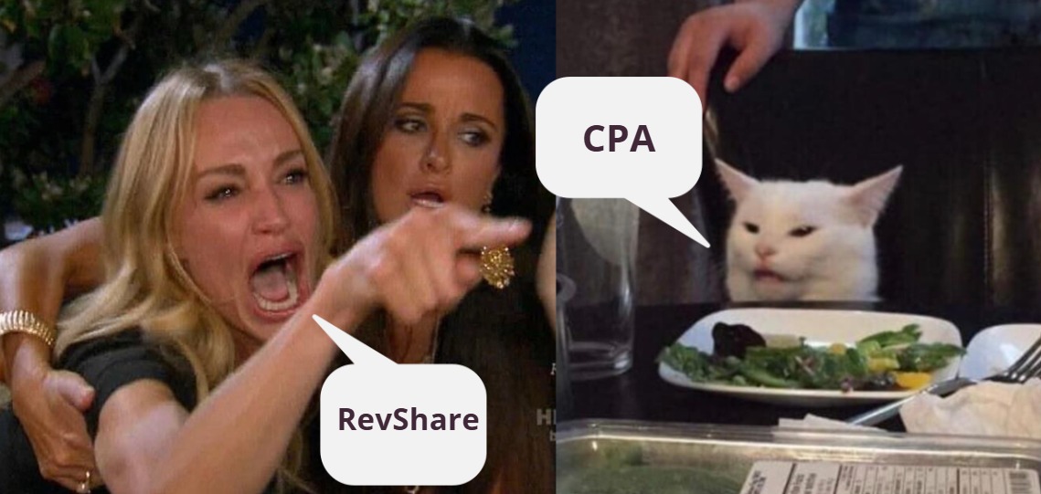 Мем от TrafficUltras об арбитраже трафика RevShare против CPA в 2025 с забавной иллюстрациейCPA в 2025 году от TrafficUltras