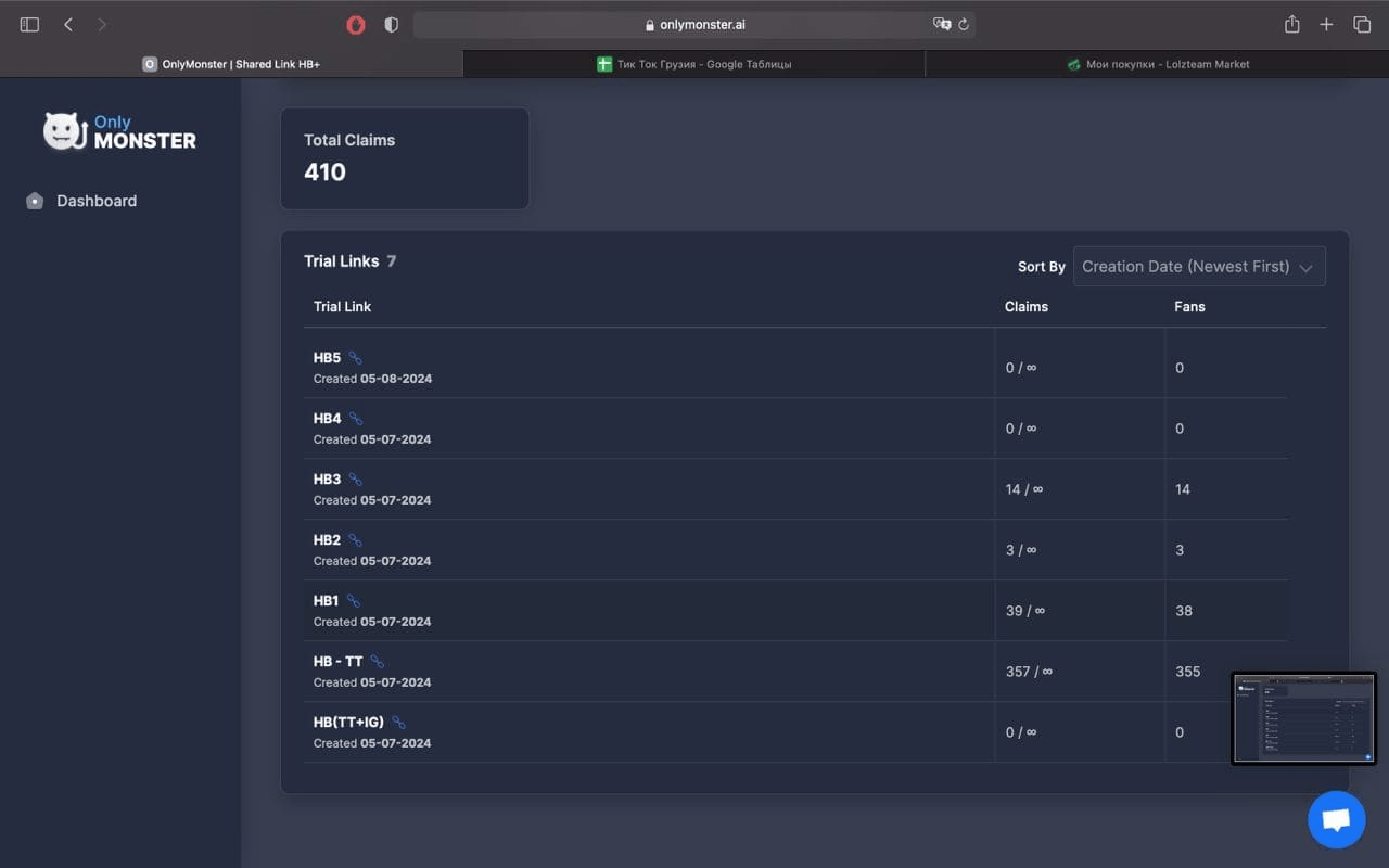 Скриншот панелі OnlyMonster зі звітом по trial-посиланнях, показано кількість переходів та передплатників.