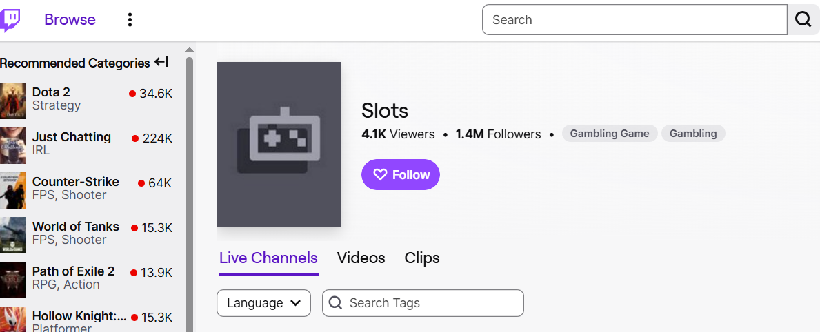 Категория Slots на Twitch — азартные игры, стримы слотов