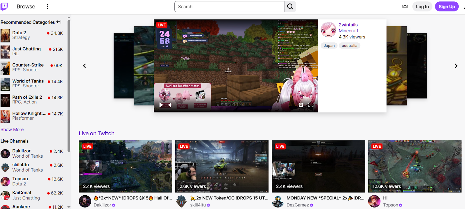 Головна Twitch з популярними категоріями та стримами