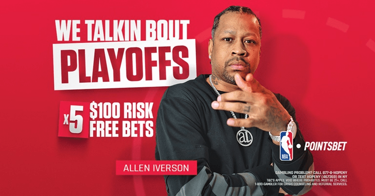 Рекламний банер PointsBet з Алленом Айверсоном та пропозицією $100 фрібетів на спортивні плей-офф ставки.