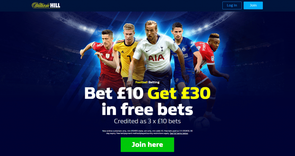 Рекламний банер William Hill з футболістами та пропозицією Bet £10 Get £30 у безкоштовних ставках.