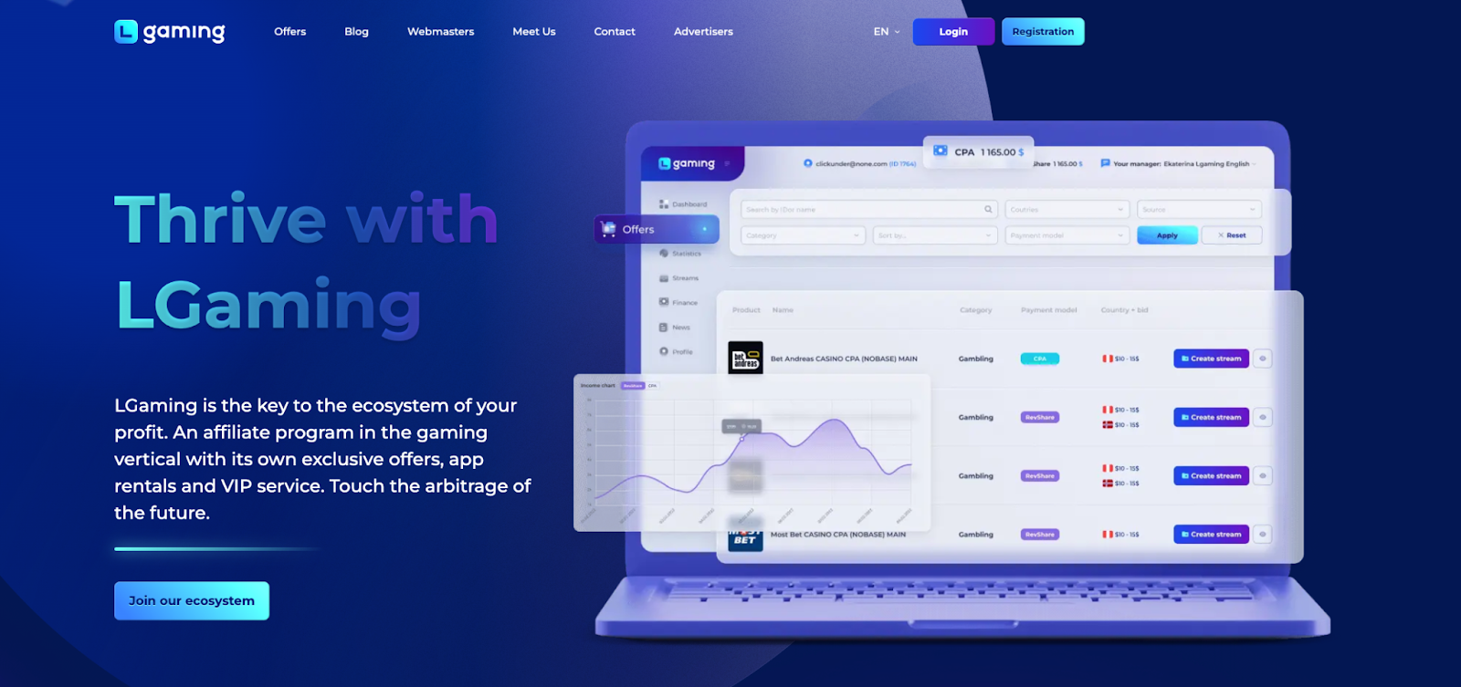 Главная страница партнерской программы LGaming с дашбордом офферов, аналитикой и условиями CPA для арбитража.