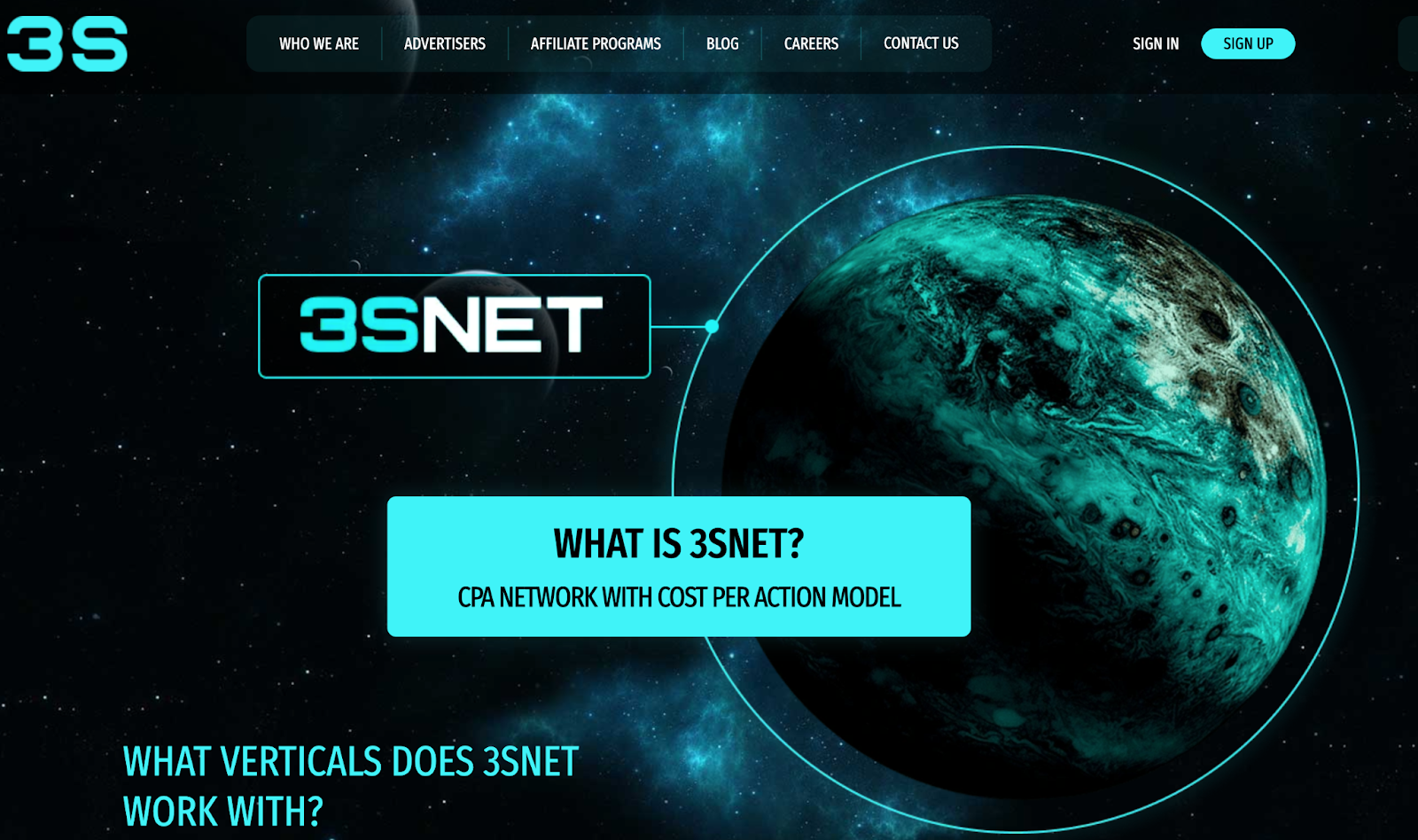 Главная страница партнерской сети 3SNET с CPA моделью оплаты и презентацией вертикалей для арбитража.