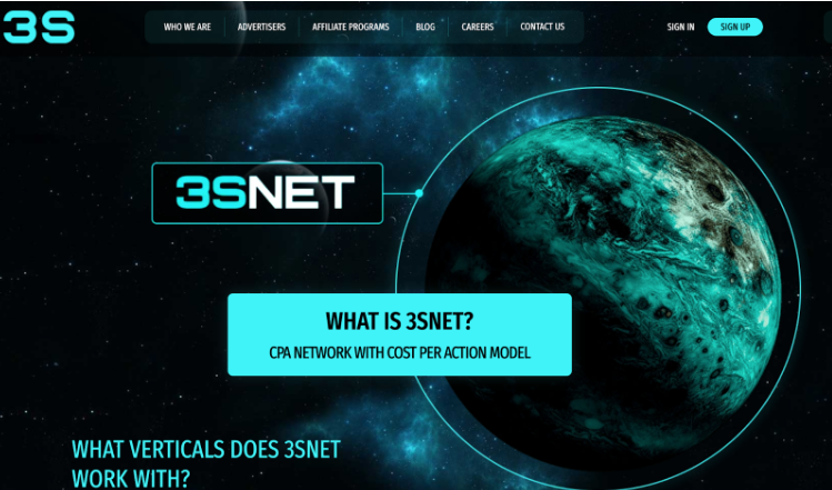 Головна сторінка партнерської мережі 3SNET з CPA моделлю оплати та презентацією вертикалей для арбітражу.
