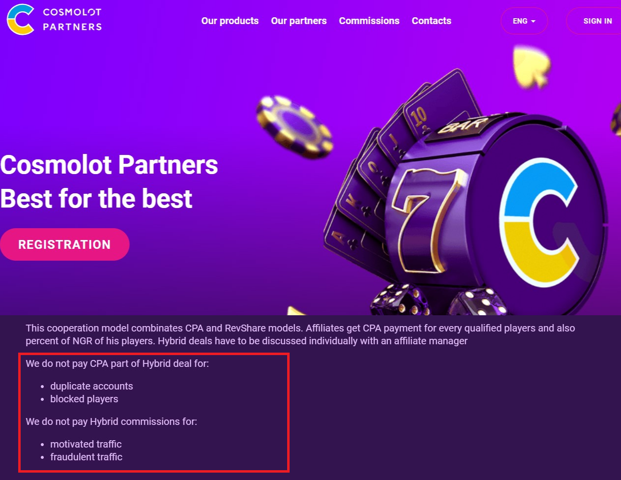 Банер партнерської програми Cosmolot Partners з RevShare та CPA до 60 відсотків та умовами виключення фрод трафіку.