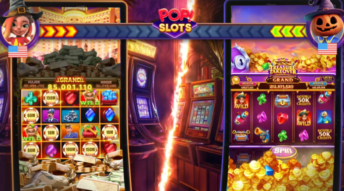 Яркая сцена из игры POP! Slots, демонстрирующая два игровых автомата в казино. Слева — слот с драгоценными камнями, крупными выигрышами и наградой Grand Jackpot 85,001,110. Справа — слот с золотыми монетами, символами сокровищ и кнопкой SPIN. Между автоматами — светящийся разлом, создающий атмосферу соревнования между игроками.