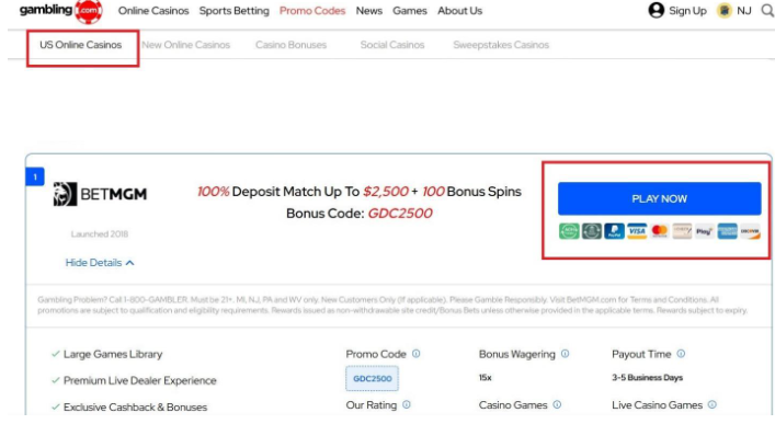 Скриншот сайта Gambling.com с разделом «US Online Casinos», показан промокод для BetMGM — 100% бонус до $2500 и 100 бесплатных вращений. Кнопка «Play Now» и логотипы платёжных систем.