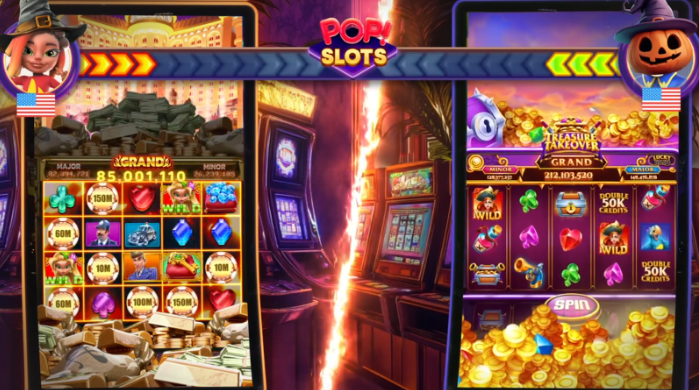Яскрава сцена із гри POP! Slots, що демонструє два ігрові автомати у казино. Зліва — слот із коштовним камінням, великими виграшами та нагородою Grand Jackpot 85,001,110. Справа — слот із золотими монетами, символами скарбів та кнопкою SPIN. Між автоматами — розлом, що світиться, що створює атмосферу змагання між гравцями.