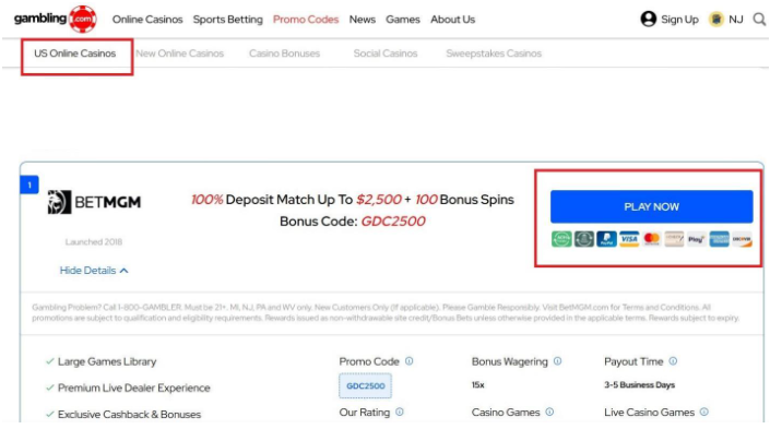Скриншот сайта Gambling.com с разделом «US Online Casinos», показан промокод для BetMGM — 100% бонус до $2500 и 100 бесплатных вращений. Кнопка «Play Now» и логотипы платёжных систем.