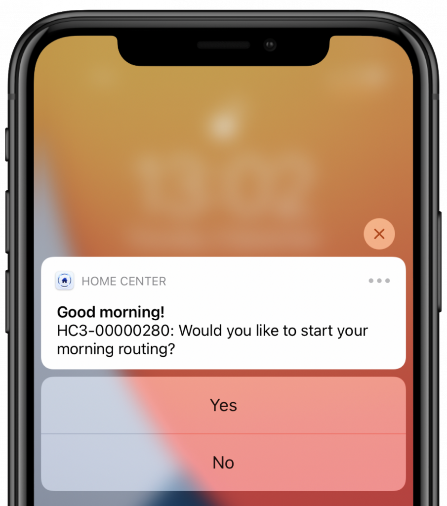 Уведомление на экране смартфона от приложения Home Center с приветствием: “Good morning! HC3-00000280: Would you like to start your morning routing?”.