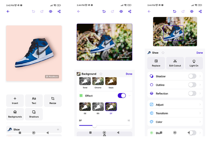 На изображении показан интерфейс мобильного приложения PhotoRoom, используемого для редактирования фотографий и создания рекламных визуалов.