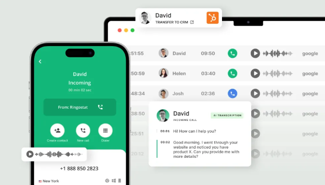 Интерфейс сервиса Ringostat, показывающий процесс входящего звонка и аналитику разговоров.