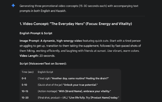 Скриншот описания видеоконцепта под названием “The Everyday Hero (Focus: Energy and Vitality)”. На изображении показан чёрный фон с белым и жёлтым текстом. В верхней части упоминается задание — создание трёх промо-видео длительностью 15–30 секунд на английском и казахском языках.