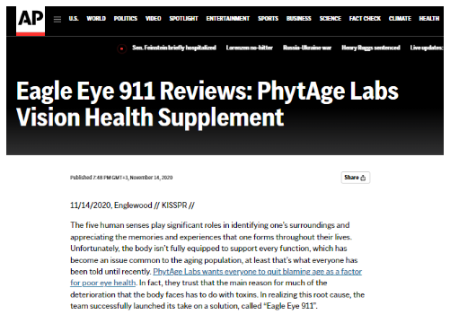 Скриншот статьи на новостном сайте Associated Press (AP) под заголовком: "Eagle Eye 911 Reviews: PhytAge Labs Vision Health Supplement". Заголовок выделен крупным белым шрифтом на черном фоне.