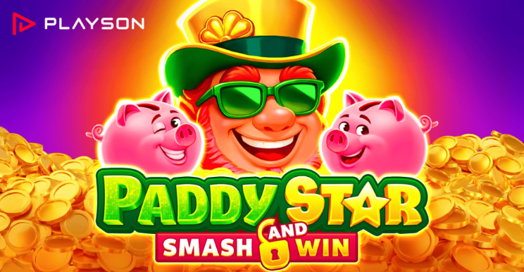 Лепрекон і барабани зі слота Paddy Star: Smash and Win від Playson із золотими монетами та святковими ефектами.