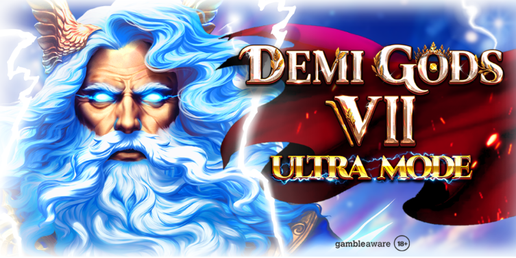 Интерфейс Demi Gods VII Ultra Mode от Spinomenal с мифологическими персонажами и эффектами режима Ultra.