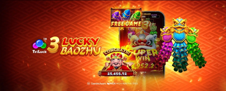 Интерфейс слота 3 Lucky Baozhu от TaDa Gaming с китайскими символами удачи и тремя петардами-бонусами.