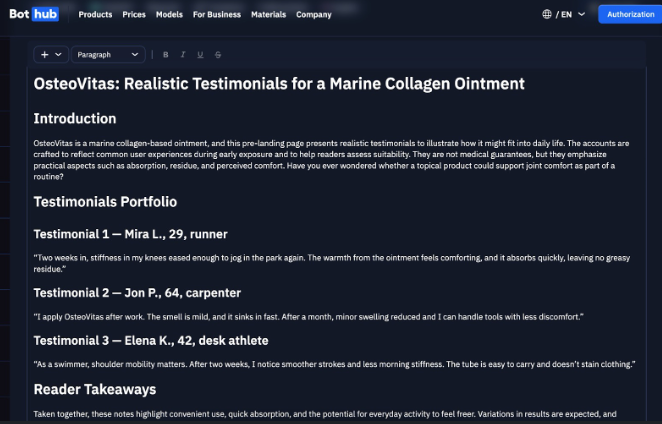 Bothub: генерация отзывов и историй для прелендов