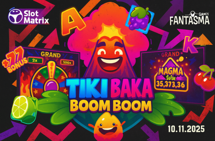 Скриншот слота Tiki Baka Boom Boom с символами BOOM и лавовым фоном