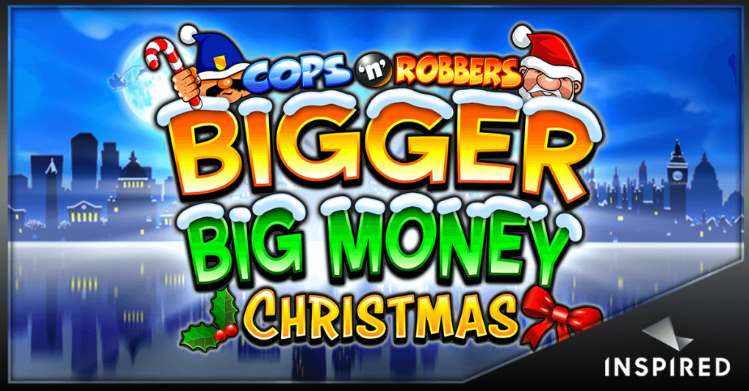 Скриншот ігрового слота Cops 'n' Robbers Bigger Big Money Christmas™ зі святковою тематикою, бонусом Big Money та символами Wild.